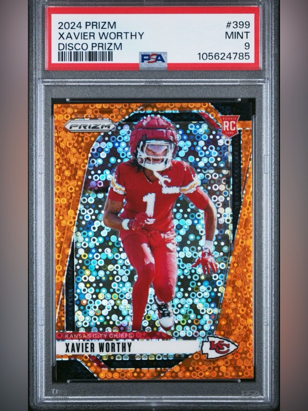 2024 Panini Prizm Xavier Worthy Orange Disco Prizm RC PSA 9 Chiefs